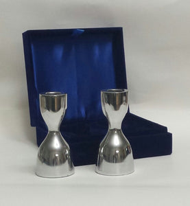 Pair of Stubby Polished Aluminum Shabbat Candle Holders in gift Box